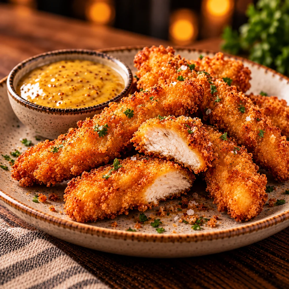Fingers de pollo con salsa de miel y mostaza