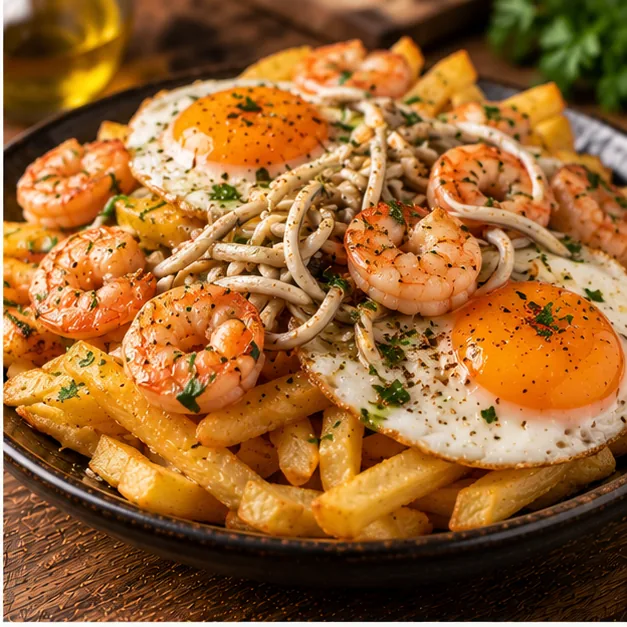 Patatas fritas con huevos a la plancha y gambas o gula