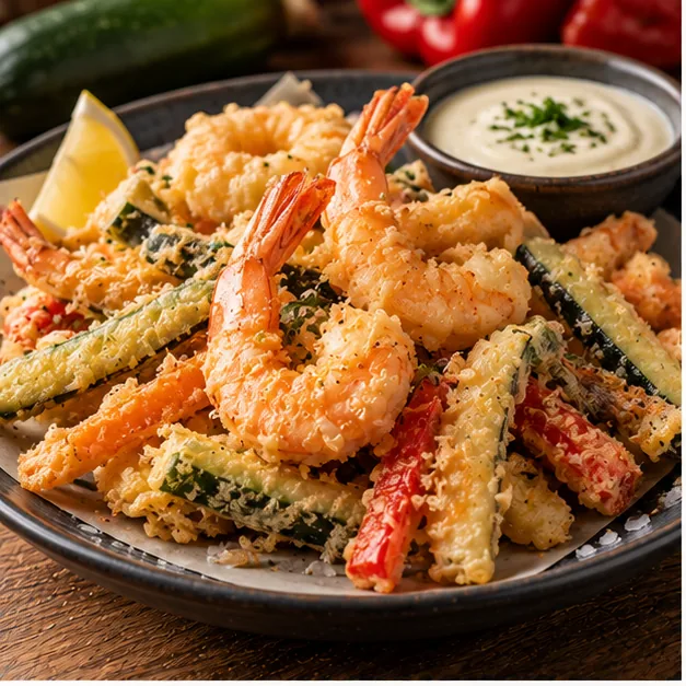 Tempura de verduritas con gambas